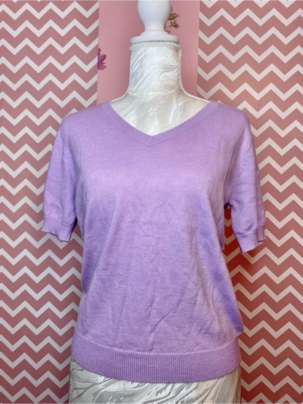 🌷 Cashmere Wool Blend Lilac V-Neck Short Sleeve Knit Sweater 🌷 NWT